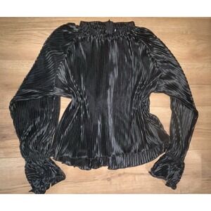 Glam Black Pleated Dress‎ Blouse With Zippered Back Long Sleeve  Size M